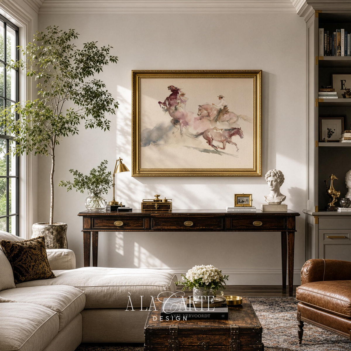 Herding horses wall decor for entryway — rustic watercolor painting with dynamic movement and dusty atmosphere