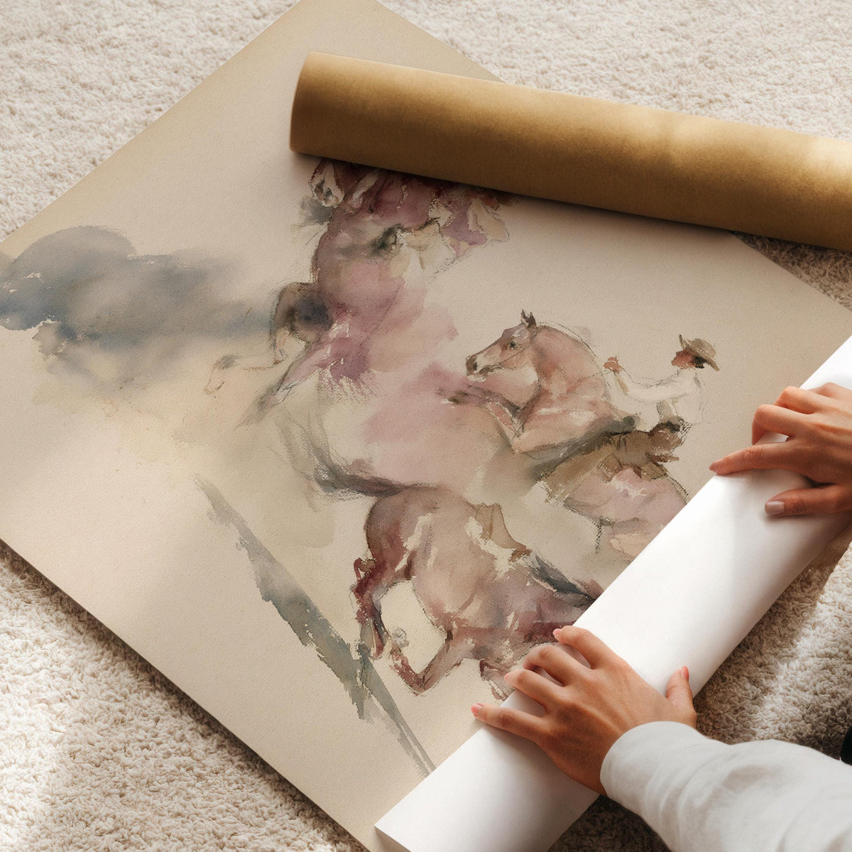 Galloping horses dust cloud poster — muted western aesthetic with airy brushwork and antique feel