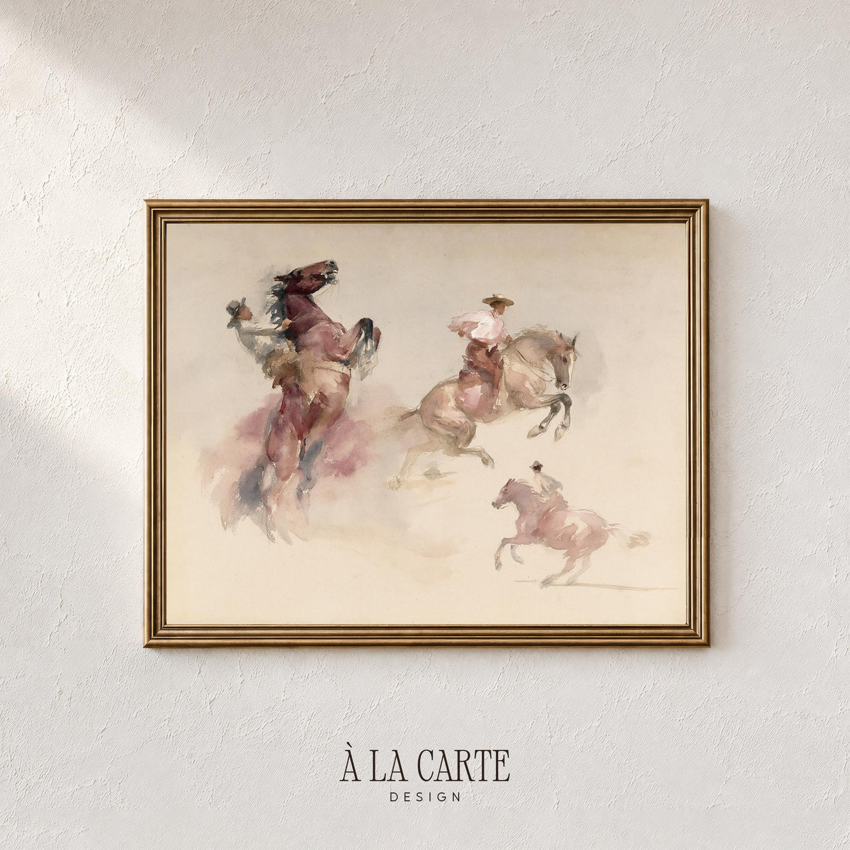 Western riding action wall art for entryway — airy watercolor composition with minimal background detail