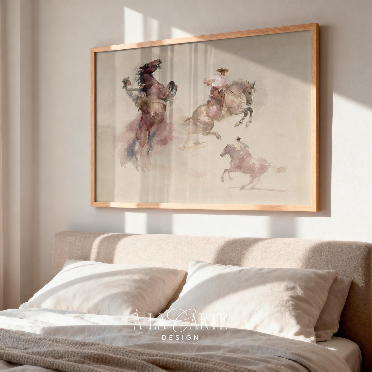Galloping western rider picture for farmhouse — vintage sketch-style painting with muted neutral palette