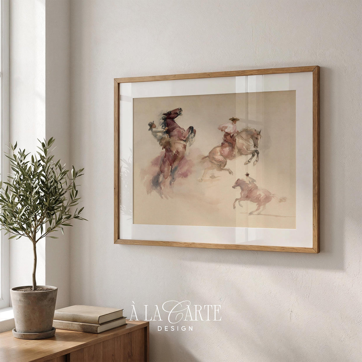 Bucking horse with figure painting for girl's bedroom — gentle blush pink and tan color scheme throughout