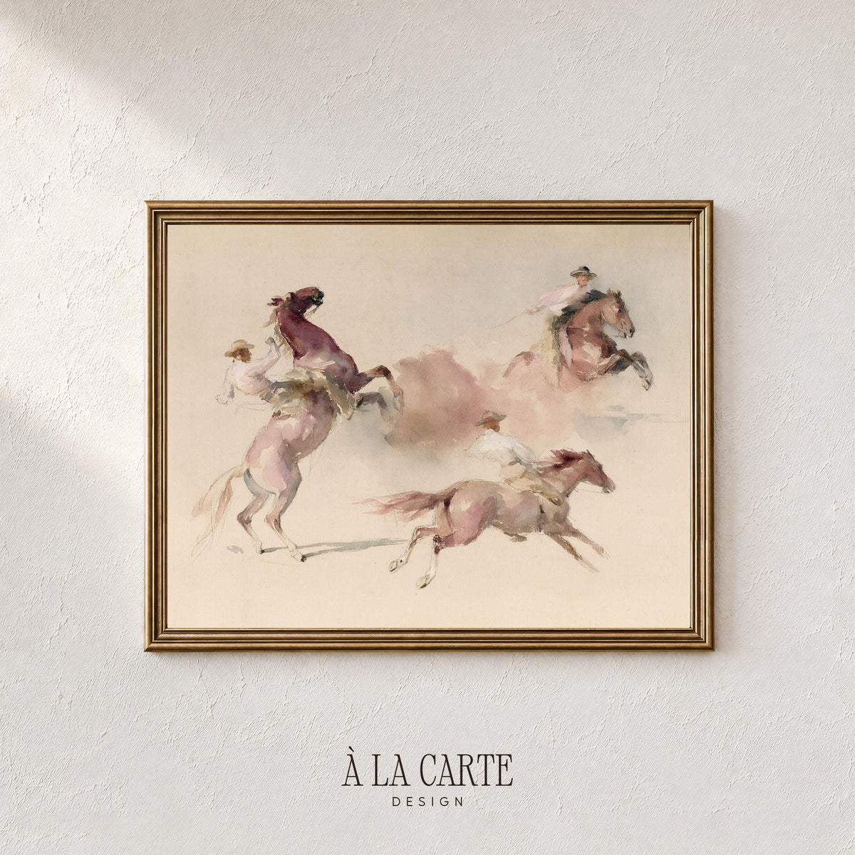 Vintage-style horse riders digital wall art for above bed — minimalist composition with dusty pink atmosphere