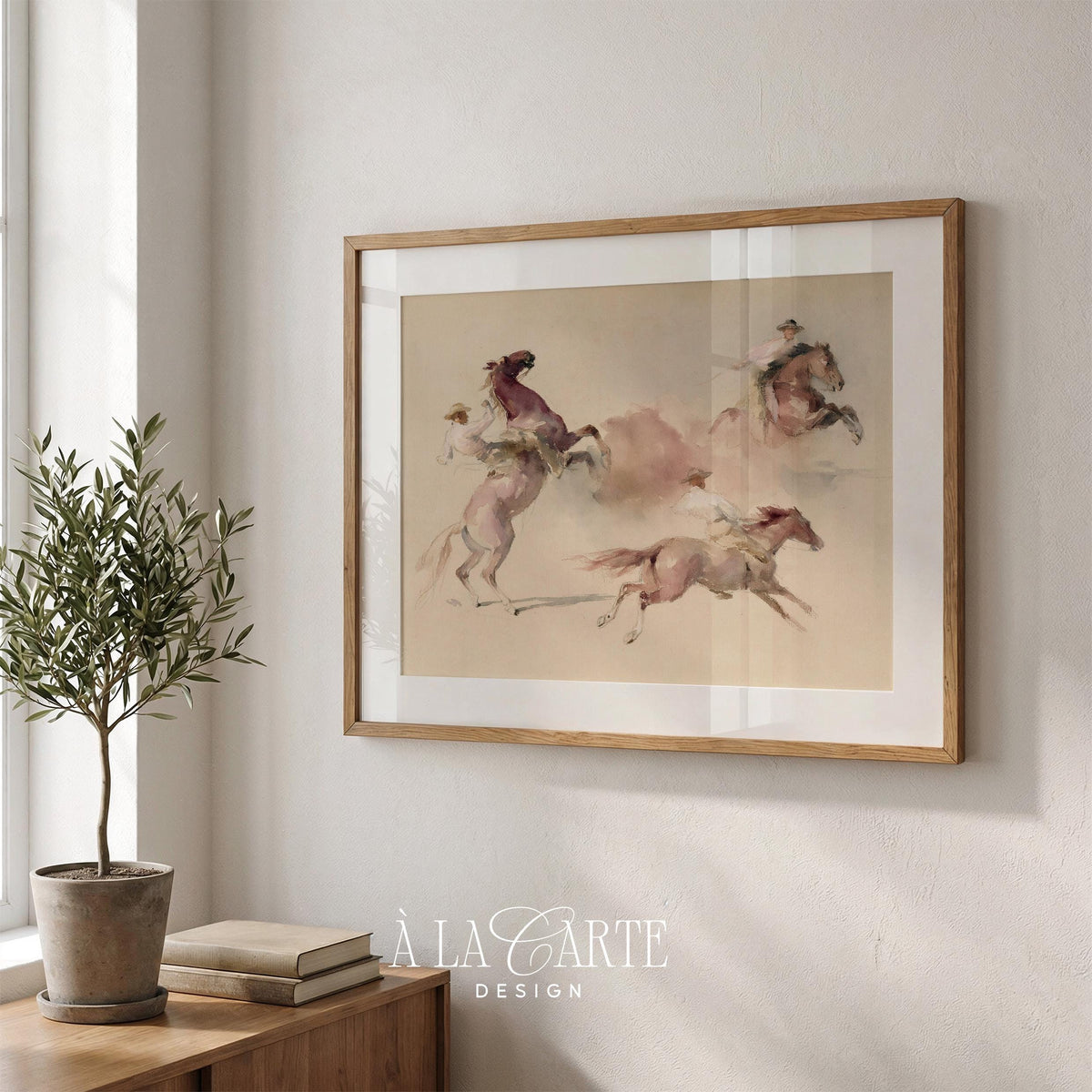 Rustic rider artwork instant download for farmhouse — watercolor with muted soft tones and hazy mood