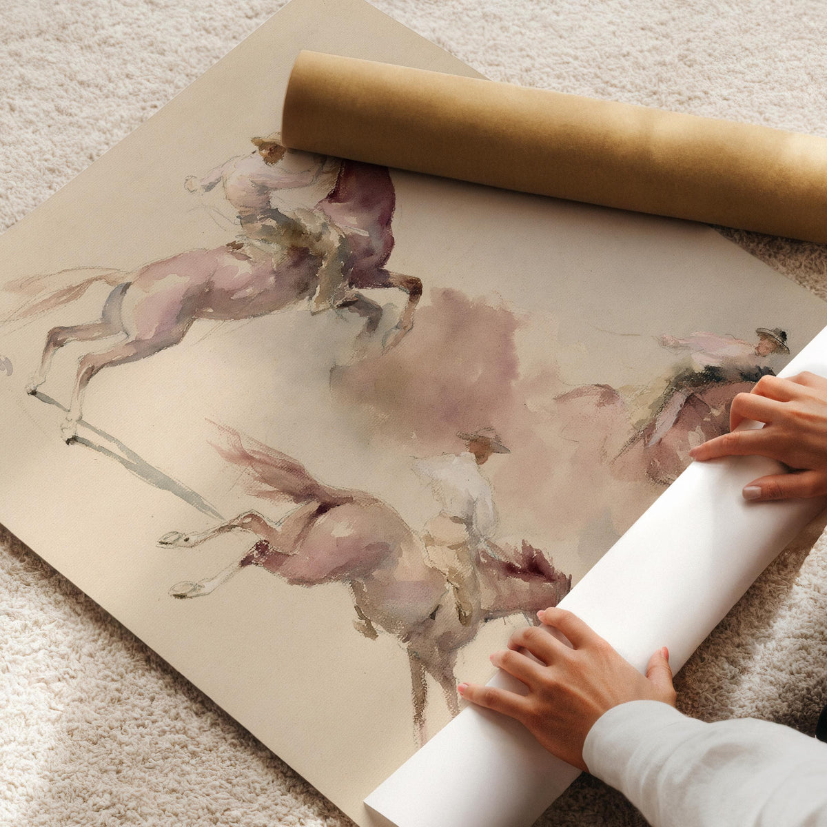 Action western scene wall decor — soft neutral tones and dreamy faded quality in loose watercolor style