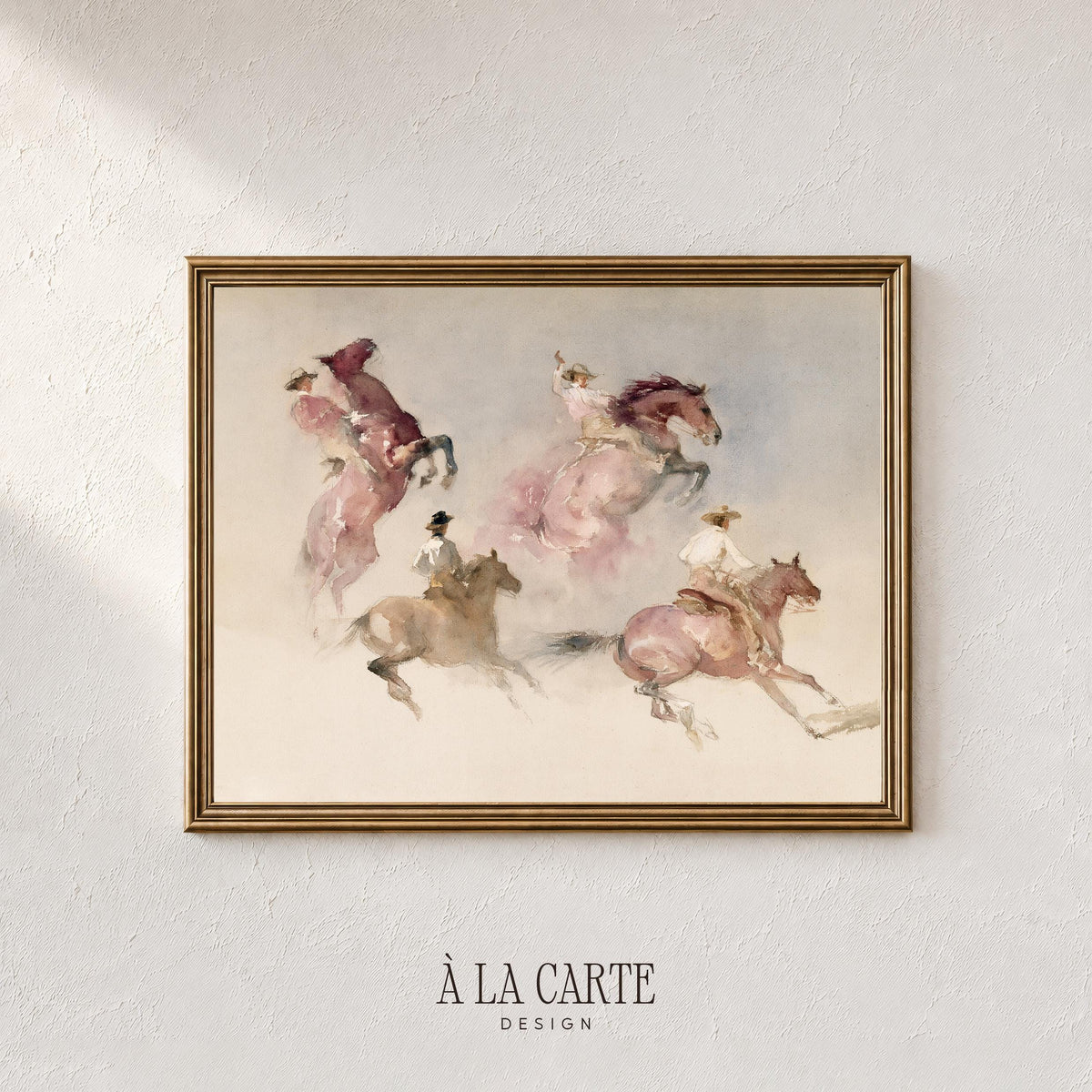 Romantic cowboy wall picture digital — pale, hazy composition of rearing and running horses with flowing artistry