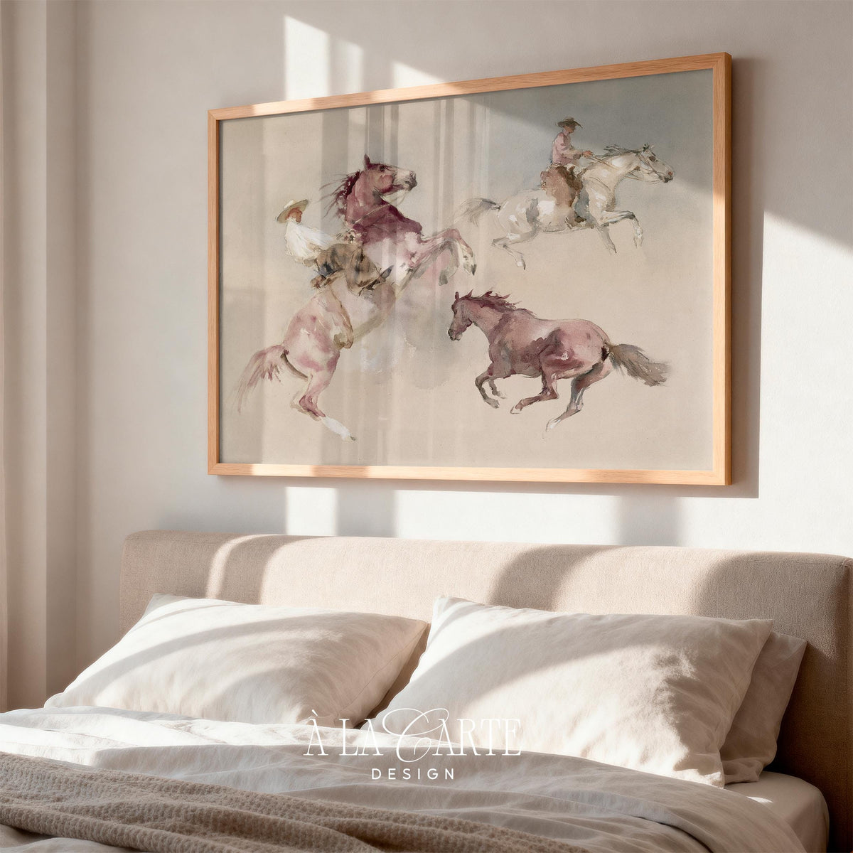 Rustic horse and cowboy picture for farmhouse — light watercolor technique with muted pink and tan tones