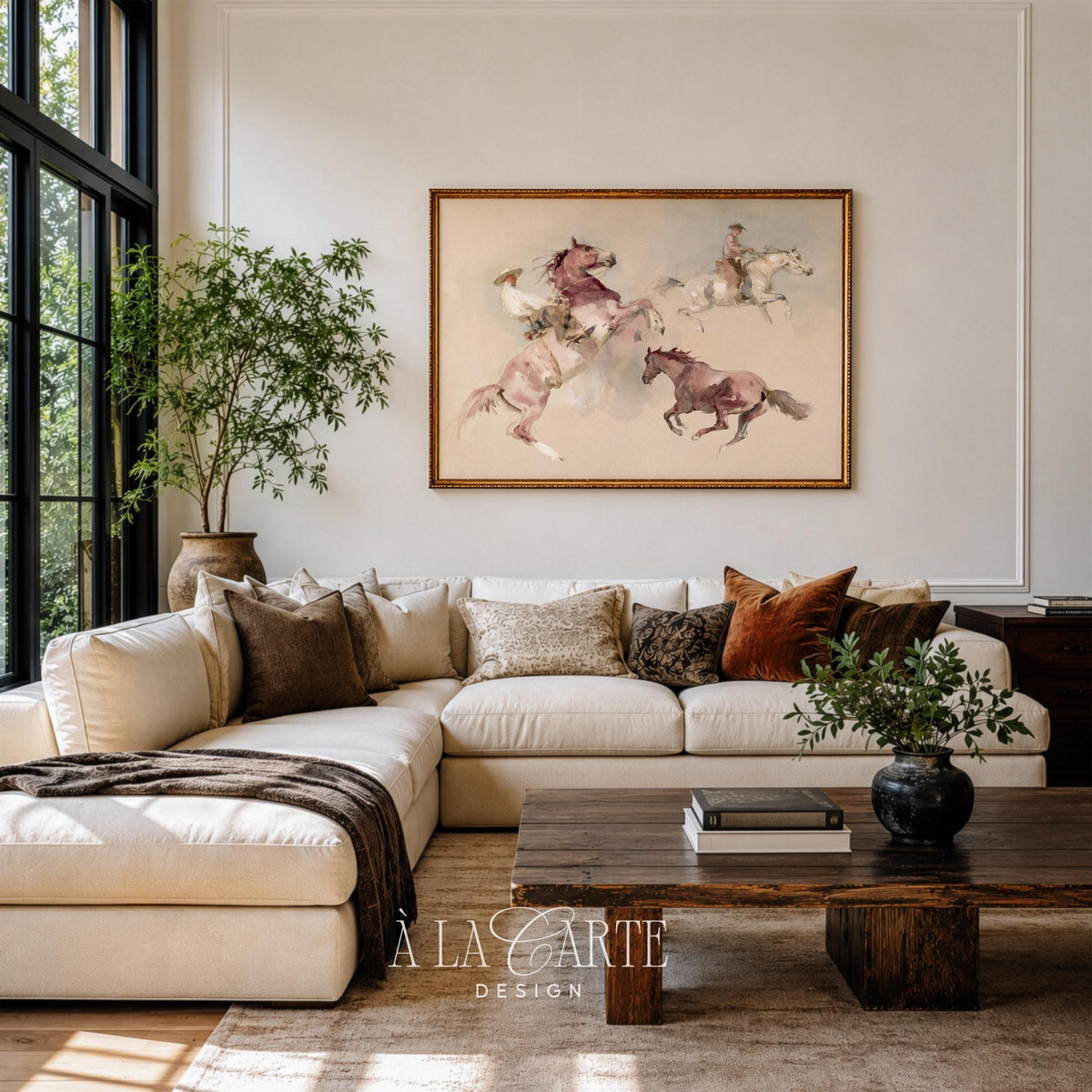 Mounted figures on galloping horses painting — printable vintage-style with warm neutral background