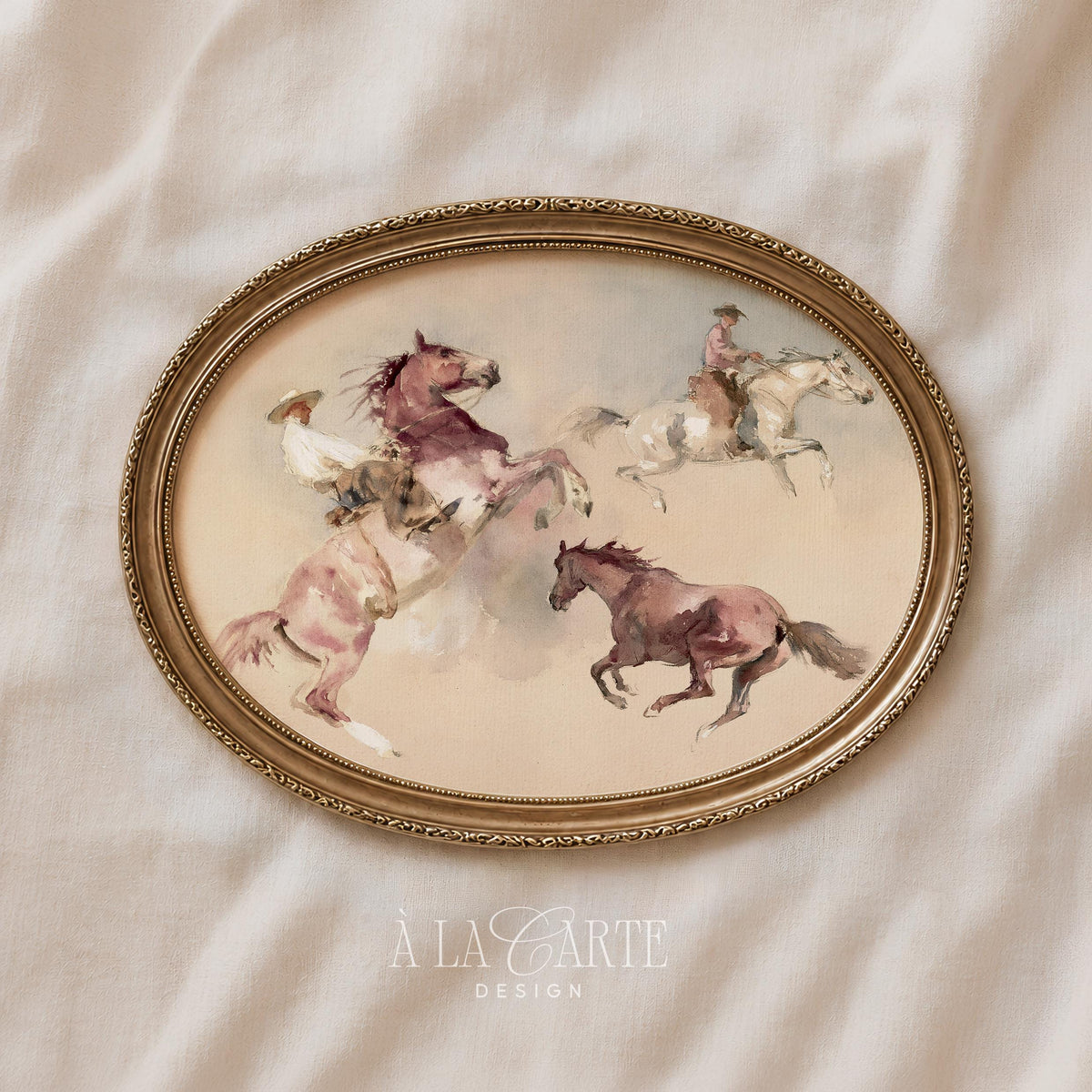 Riderless steed printable art capturing motion with faded antique watercolor aesthetic and neutral backdrop