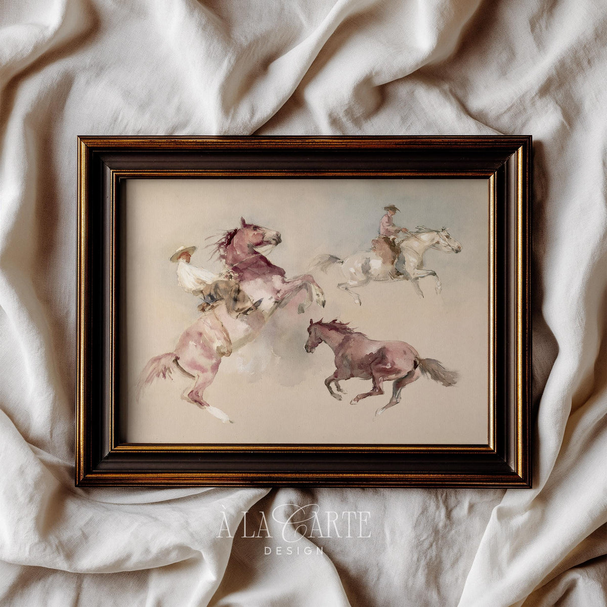 Sketchy western equestrian wall art featuring multiple horse poses in soft, blended washes