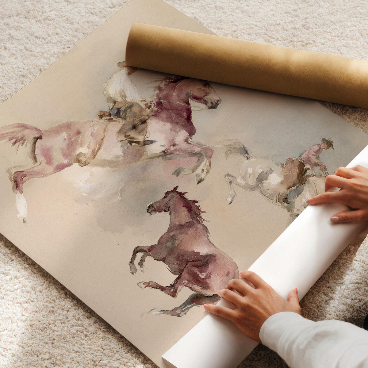 Rearing horse with rider print for above bed — romantic western watercolor with dusty rose undertones