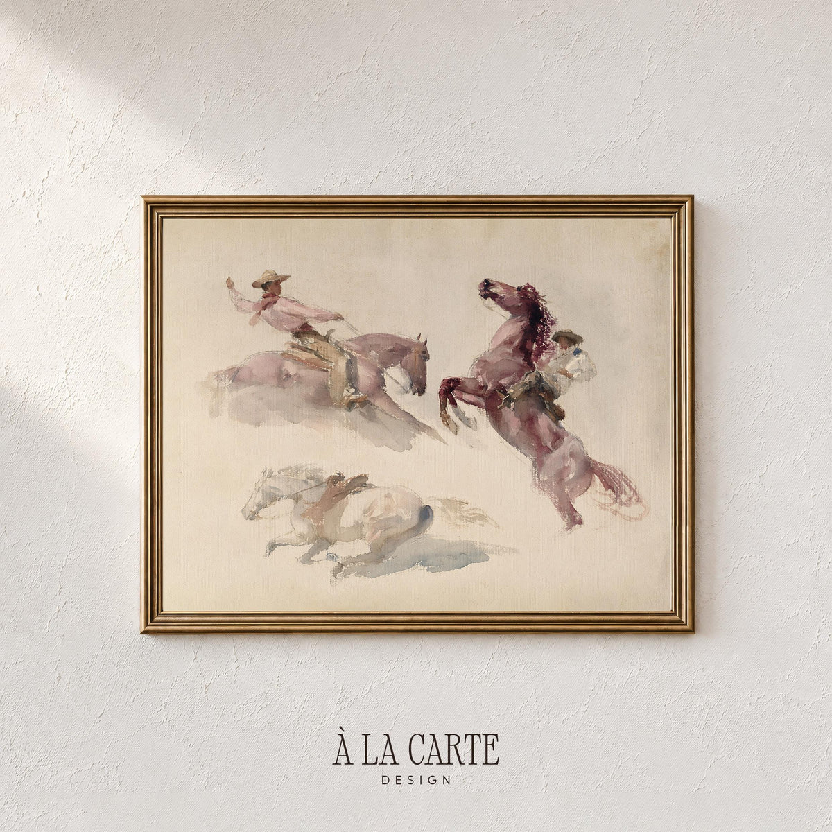 Western horse study printable art for entryway — loose watercolor painting with faint motion-filled backgrounds in muted palette