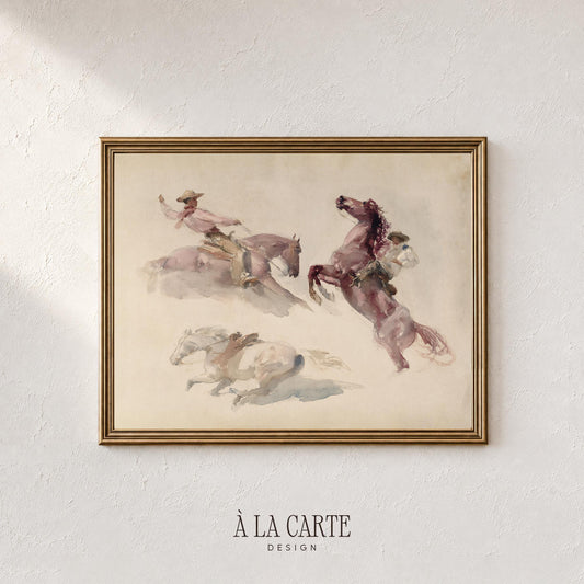 Western horse study printable art for entryway — loose watercolor painting with faint motion-filled backgrounds in muted palette