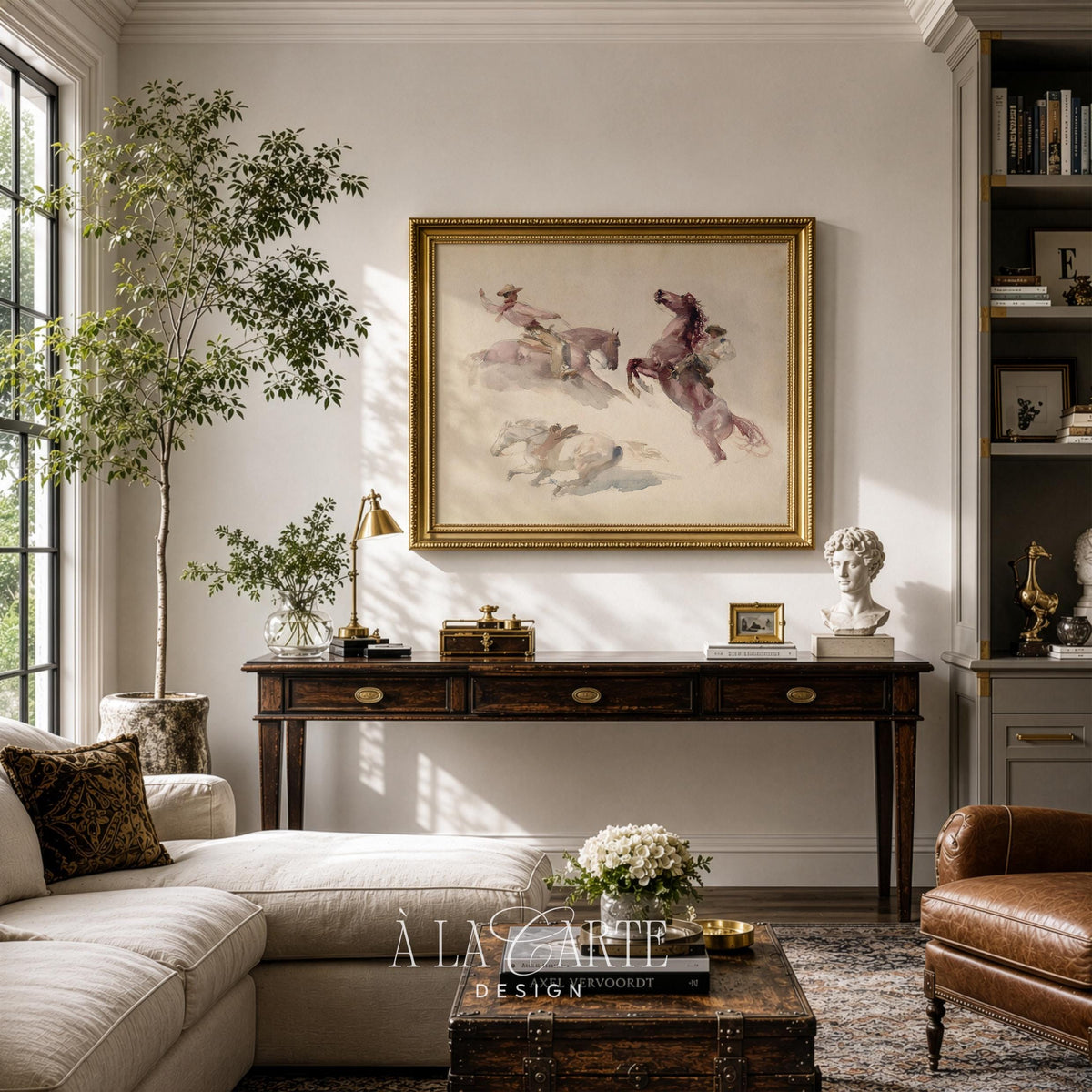 Multiple cowboy poses wall art for farmhouse — loose watercolor painting featuring galloping and bucking horses in warm beige