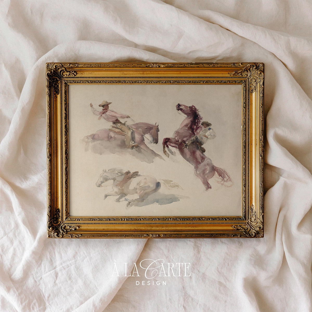 Cowboy on horse poster for girl's bedroom — minimalist watercolor with warm peachy-rose tones and rustic western aesthetic