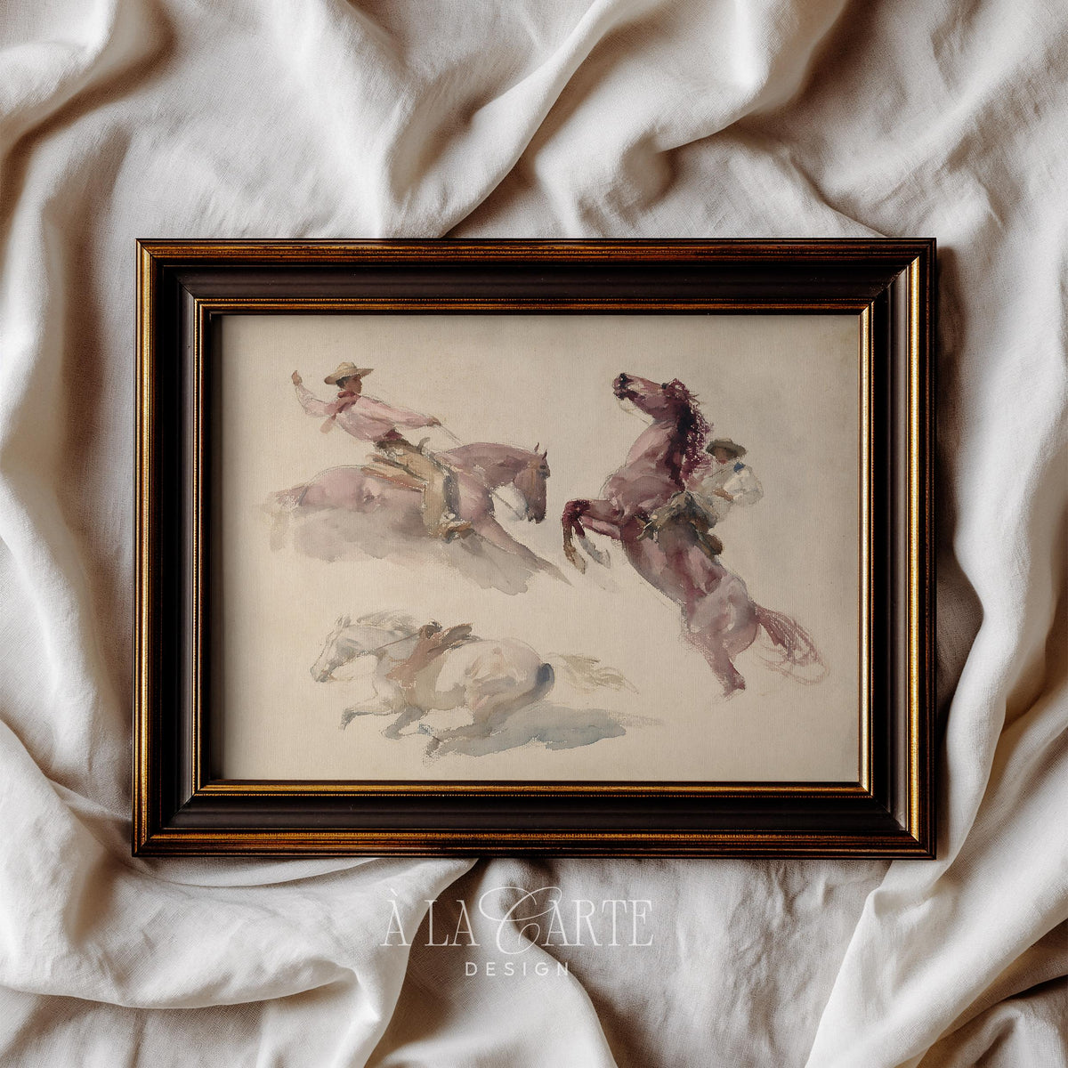 Bucking bronco painting printable for cabin decor — muted mauve and rose palette with sketch-like loose brushwork