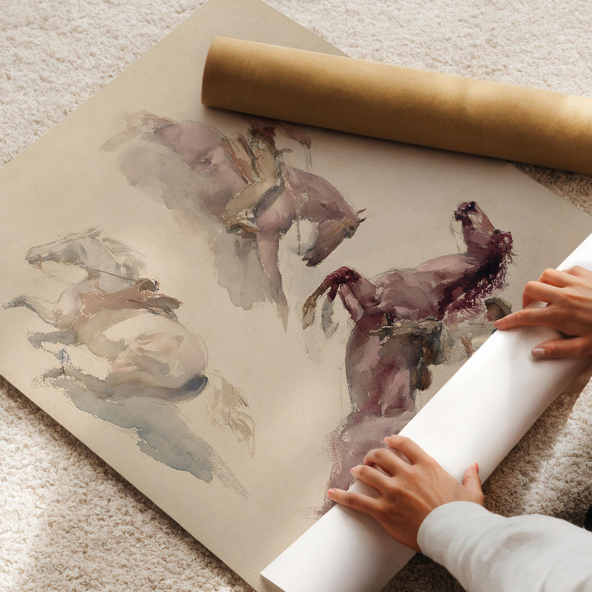 Bucking horses and cowboys printable art for western bedroom — vintage watercolor study in dusty rose and mauve