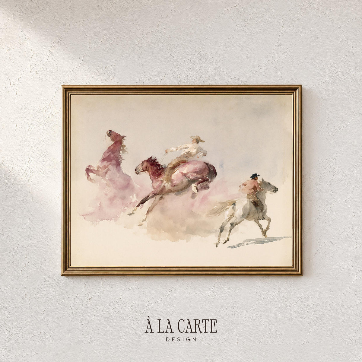 Cowboy on horseback painting for home decor — loose watercolor style capturing dynamic action and movement