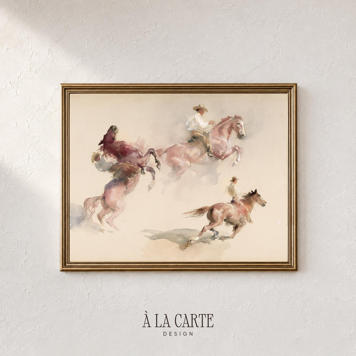 Galloping horsemen digital print for living room — vintage ranch painting in blush and cream watercolor style