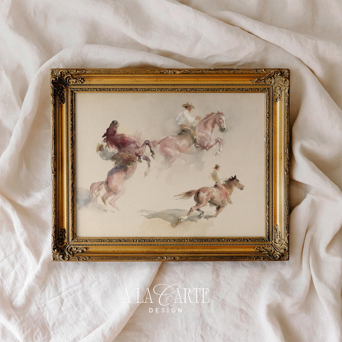 Galloping ranch hands wall decor for western room — soft watercolor print with muted blush and warm neutrals