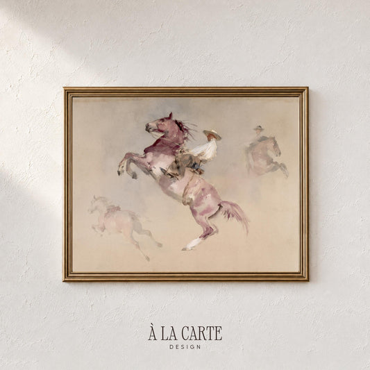 Wild horse rider instant download print for gallery wall — rustic watercolor aesthetic with delicate color gradients and nostalgic western vibe