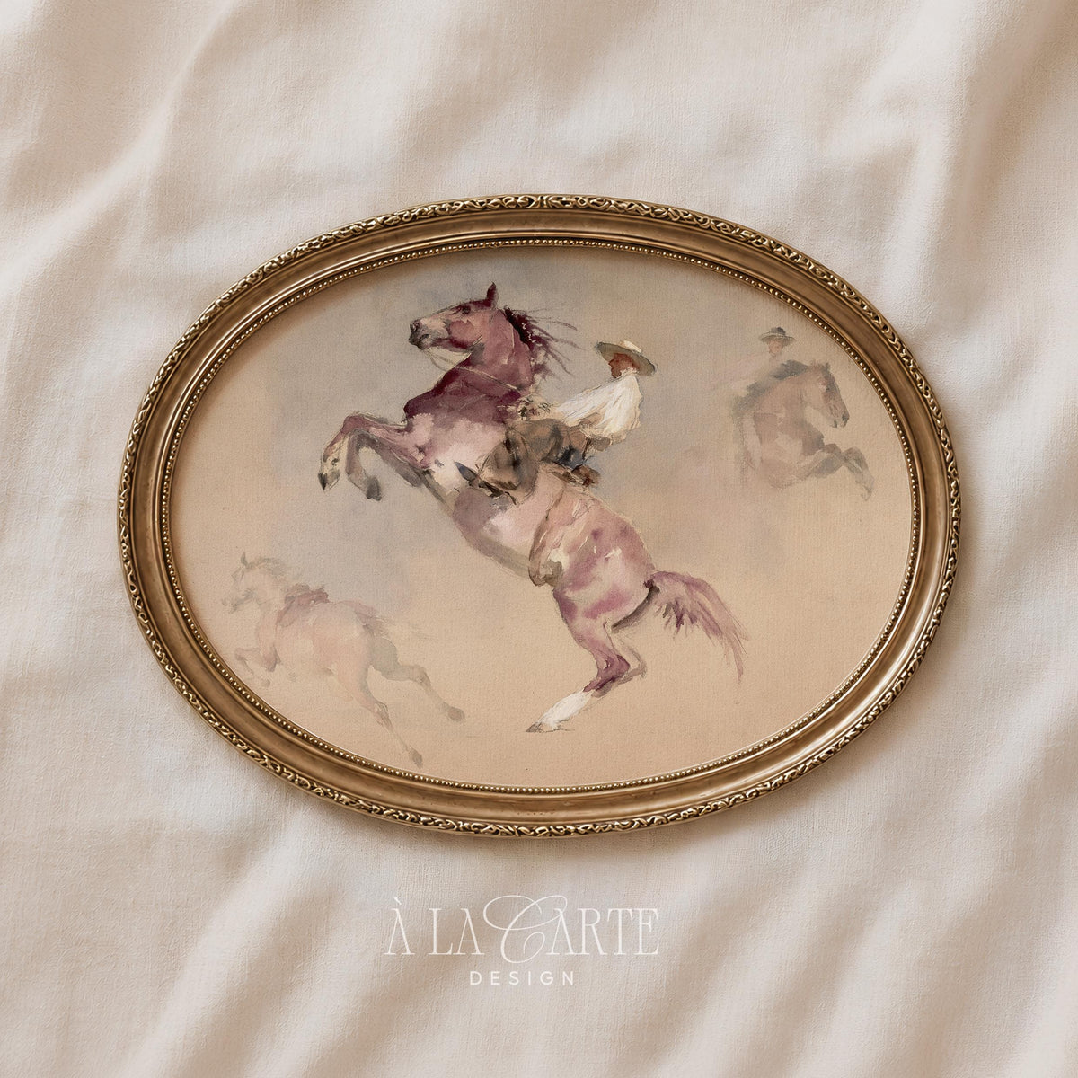 Cowboy on rearing horse printable art for bedroom — soft watercolor western painting with muted pink and cream tones
