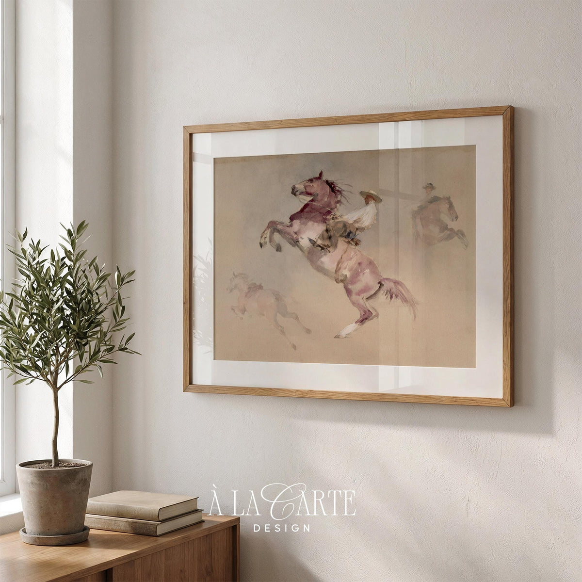 Cowgirl and horse wall decor print for girls bedroom — minimalist watercolor painting with flowing brushstrokes and muted tones
