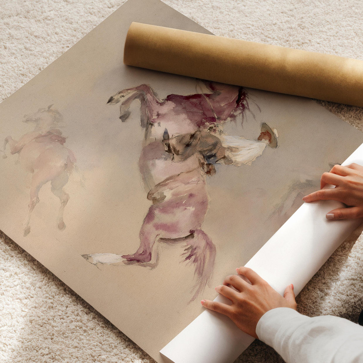Equestrian cowboy painting for modern farmhouse — faded antique palette with artistic negative space and gentle movement