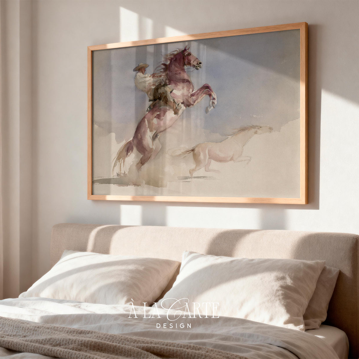 Vintage western rider painting for above bed — minimalist dusty palette with rearing steed and hazy horizon