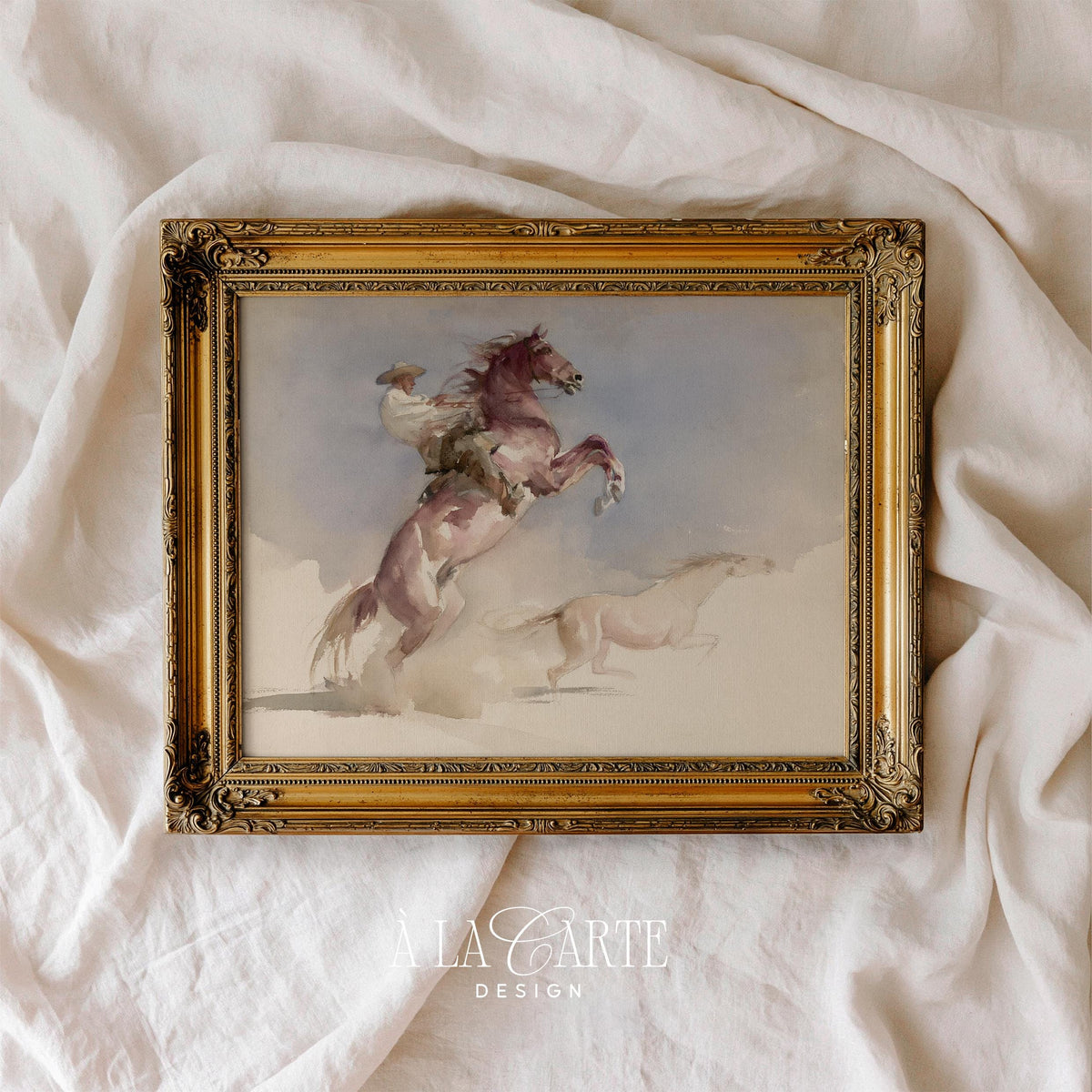 Western horseman with running companion printable art — watercolor wall decor in pale blues, faded tans, and soft vintage style