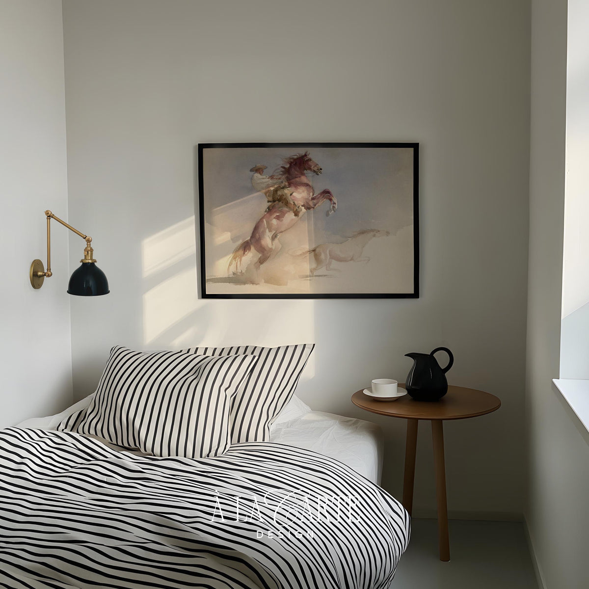 Cowboy on rearing horse printable art for bedroom — watercolor western scene with dusty pinks and soft movement