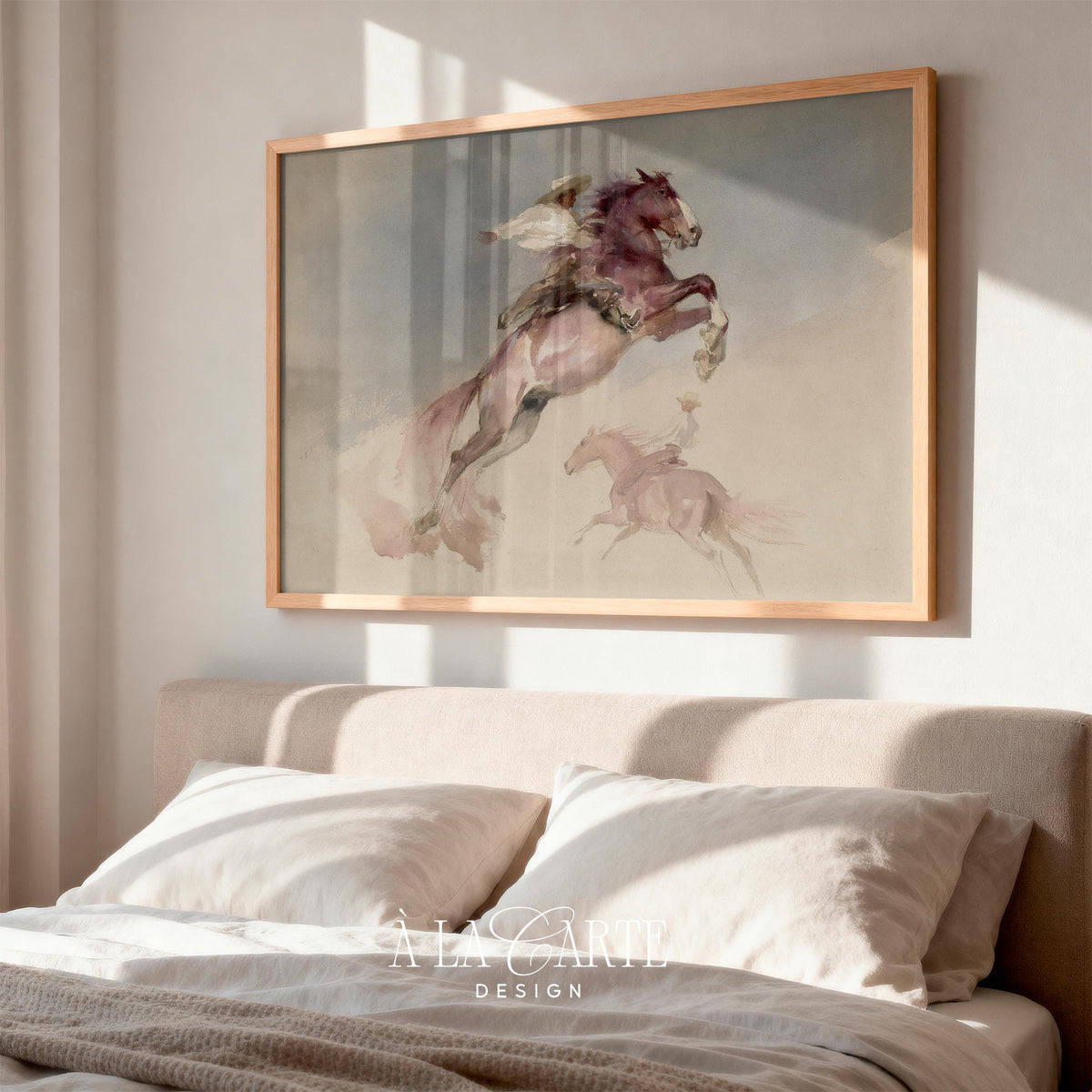 Riderless horse motion picture printable art for ranch home — loose watercolor technique with soft faded charm