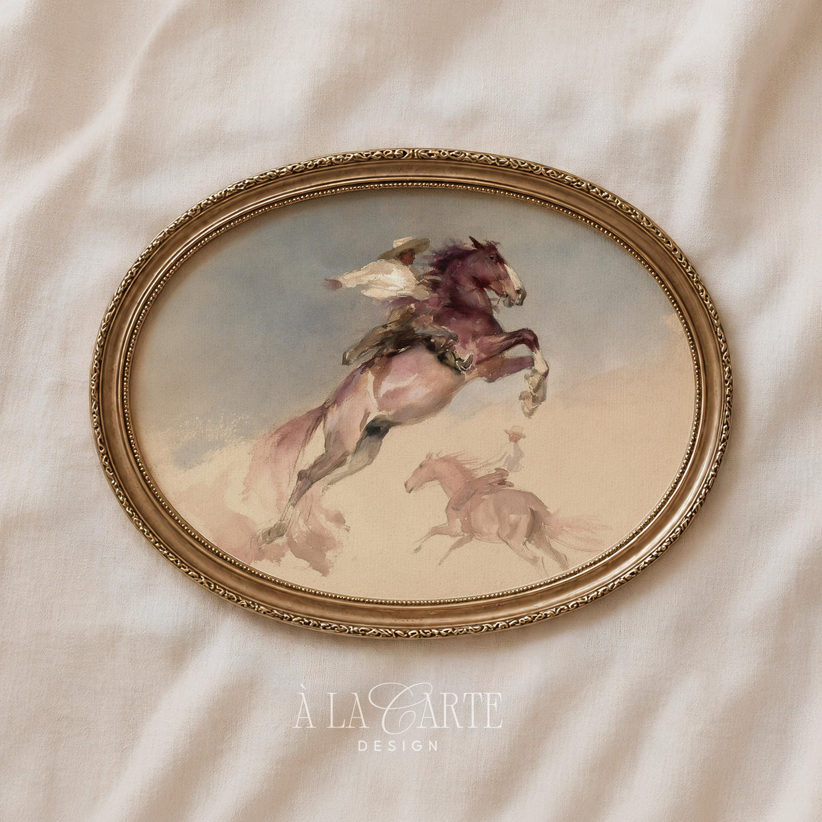 Cowgirl on horse wall art for teen room — soft romantic watercolor with freedom and movement captured