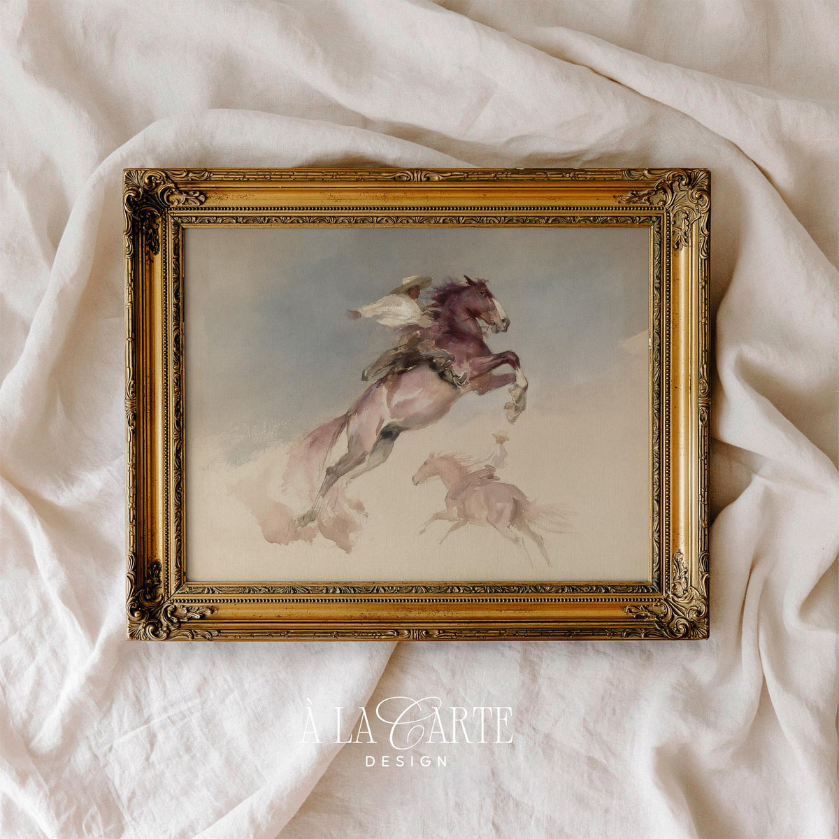 Mounted cowboy painting digital download — dreamy vintage aesthetic with muted pink and earth tones
