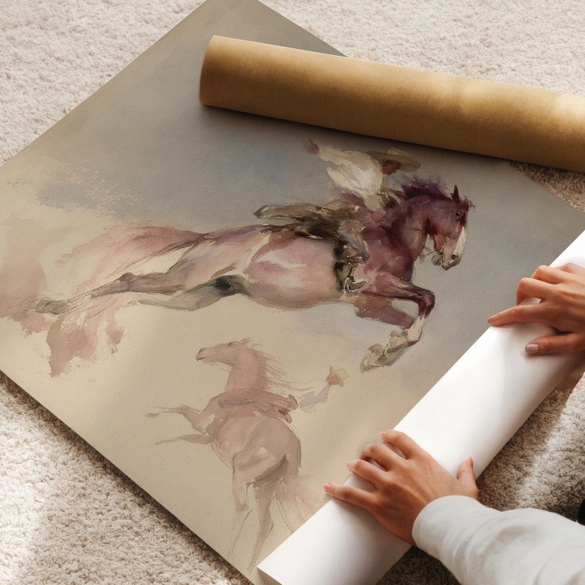 Leaping horse and rider wall art printable — delicate watercolor style with motion-filled rustic charm