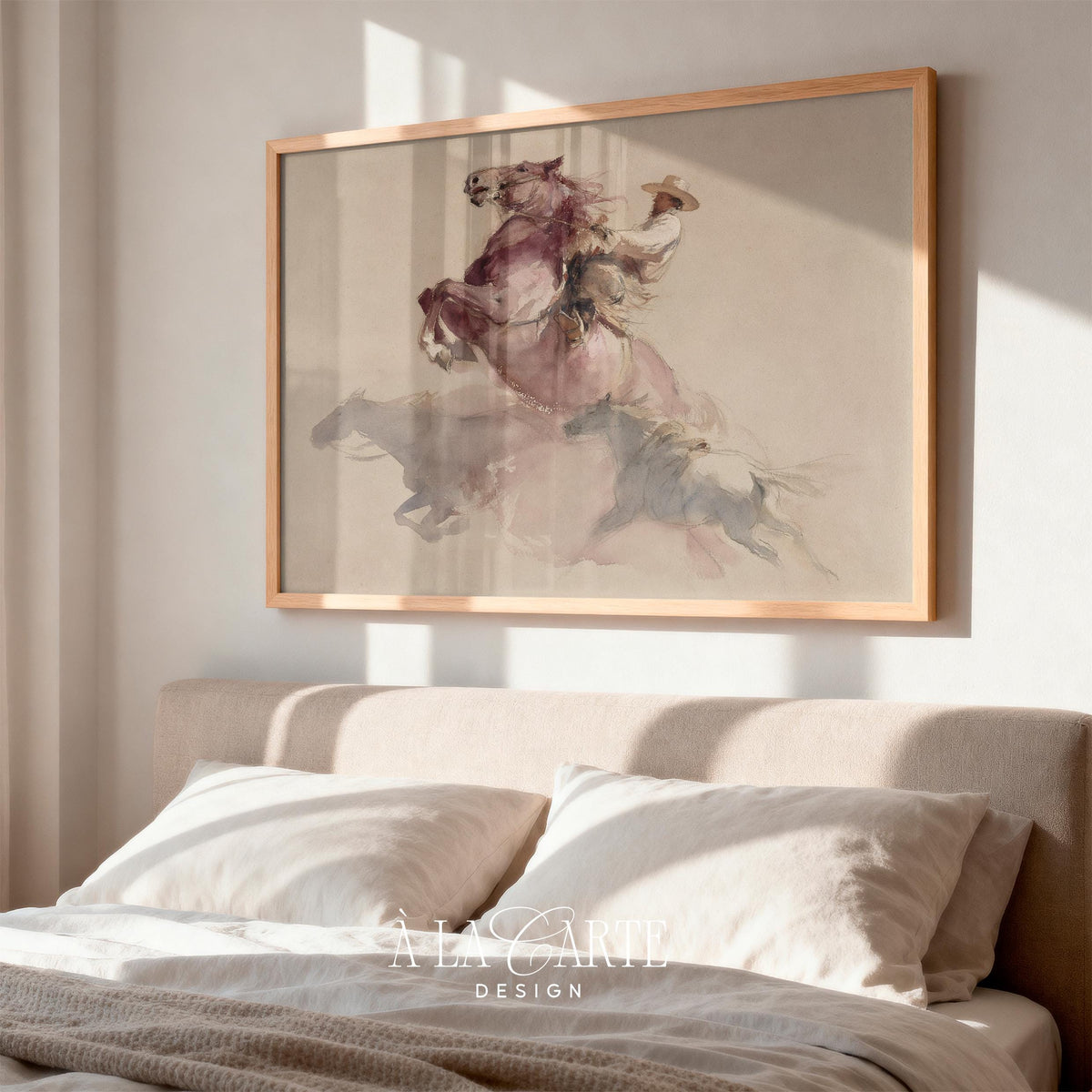 Mounted wrangler wall print — artistic western scene with gentle washes and vintage saddle country vibes
