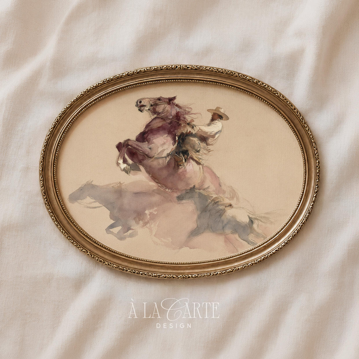 Lasso artwork print — rustic cowboy scene painting with faded motion effects and dusty rose accent tones