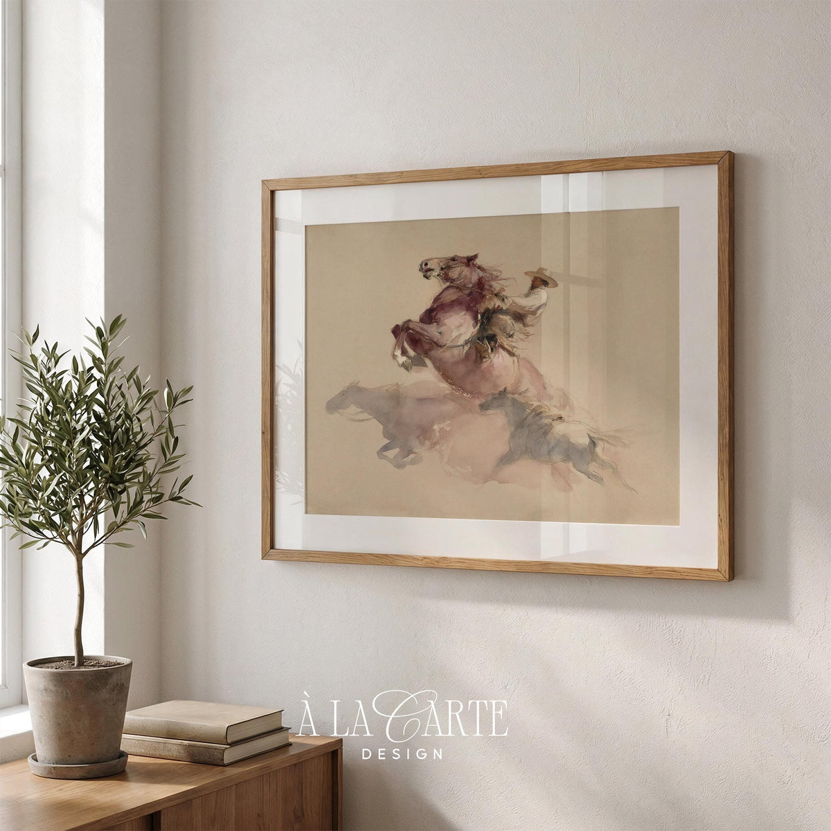 Galloping cowboy digital print for farmhouse — loose brushwork with blurred horse silhouettes and rustic charm
