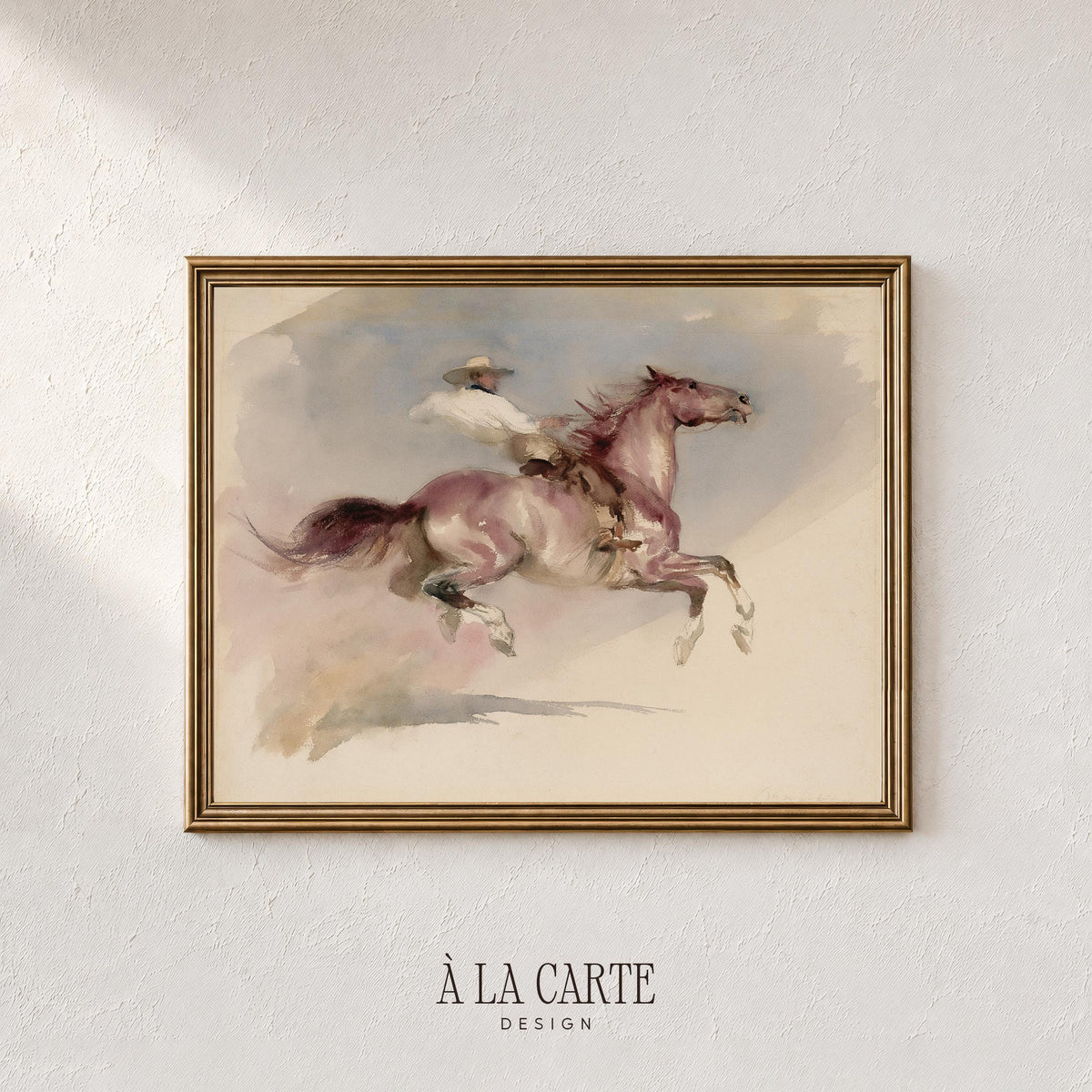 Cowboy on galloping horse wall art — loose brushwork western scene in warm tan, pink, and blue hazy backdrop