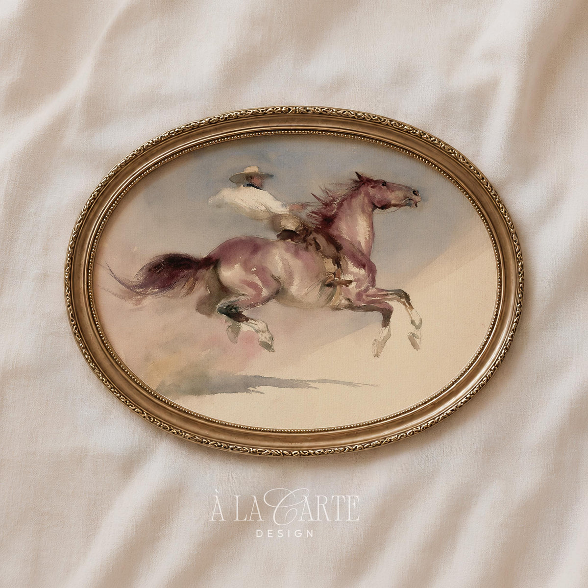 Western mounted cowboy digital art print for farmhouse — soft-focus vintage horse painting with antique color palette