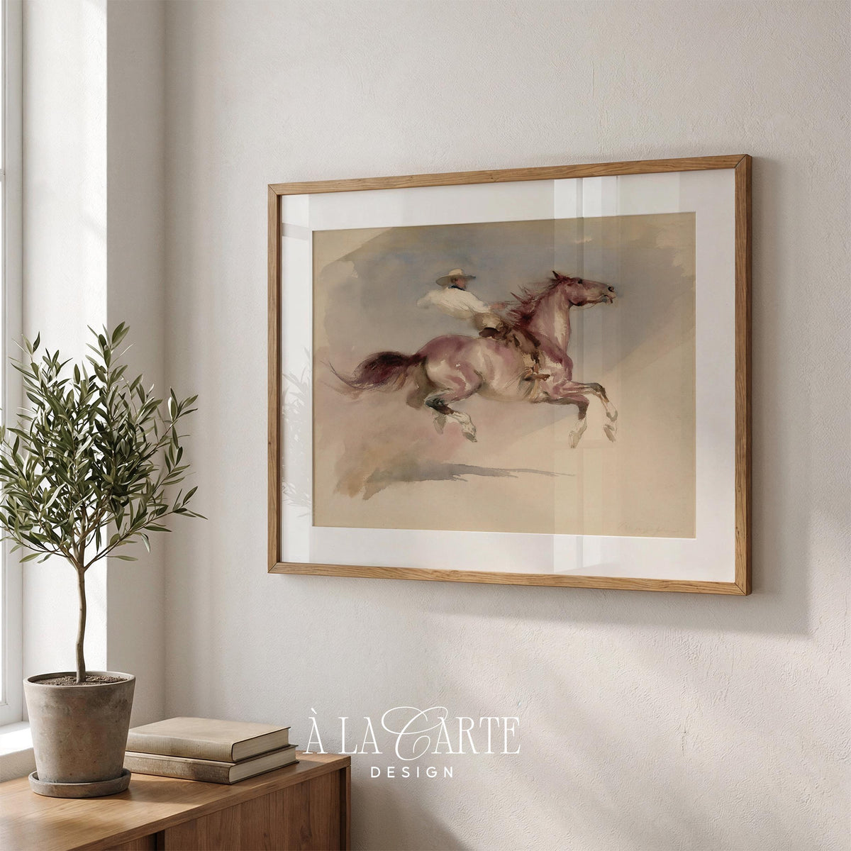Western horse and rider instant download print — faded antique aesthetic with warm neutral tones and dreamy composition