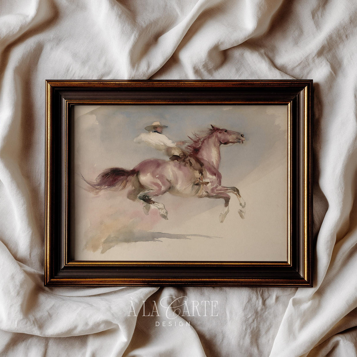 Galloping steed with cowboy digital download — nostalgic pastoral painting featuring gentle color palette and movement