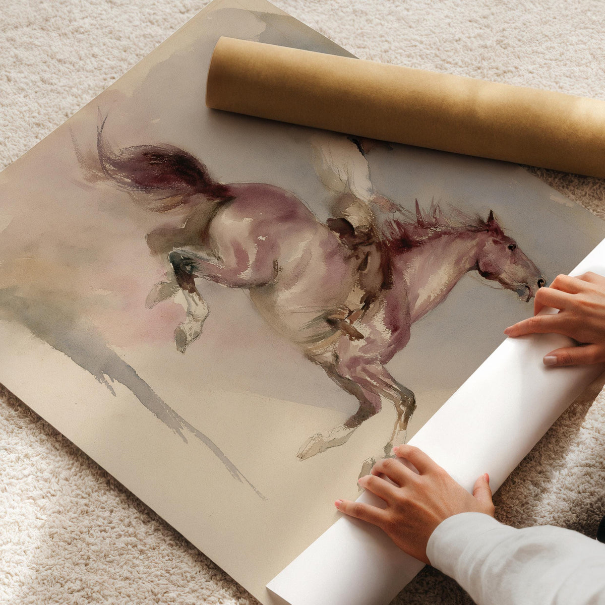 Dynamic equine action picture poster — nostalgic countryside horseman scene in watercolor with gentle faded aesthetic