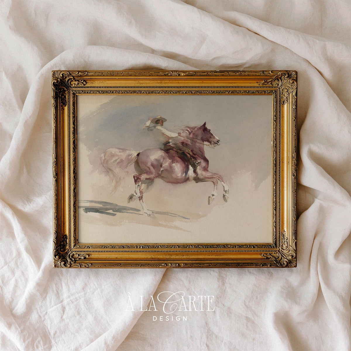 Cowboy riding horse wall art for living room — loose brushwork vintage aesthetic in neutral cream and soft brown