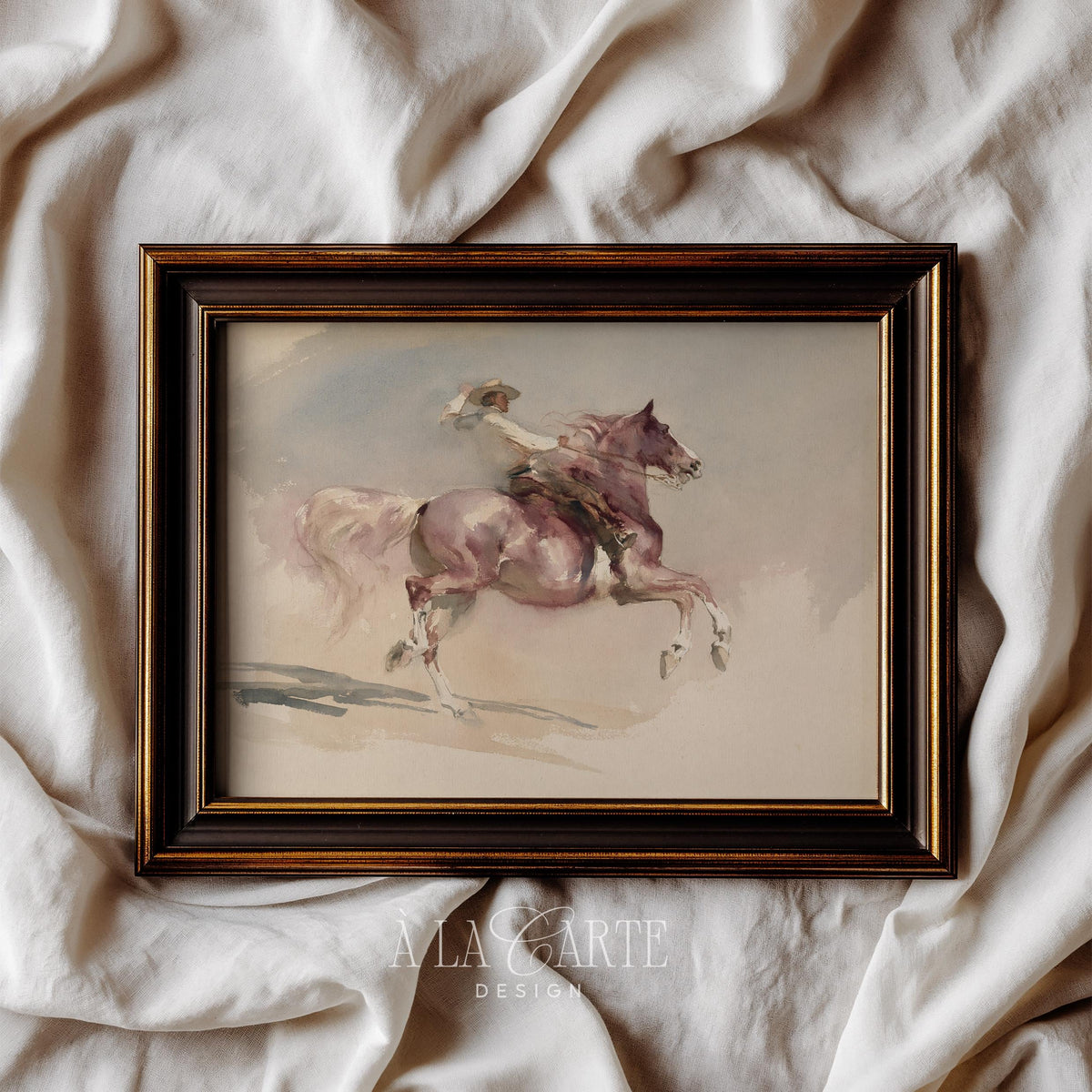 Galloping mount instant download print — rustic watercolor capturing equestrian motion with warm taupe undertones