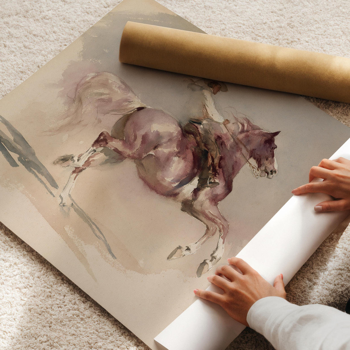 Cowboy hat and rider poster wall decor for farmhouse — delicate brushwork with dusty palette evoking old sketchbook charm