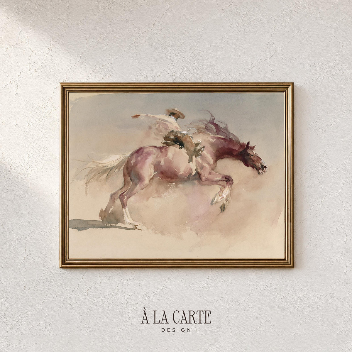 Rearing horse and cowboy artwork poster — rustic western wall art with faded, blended watercolor style