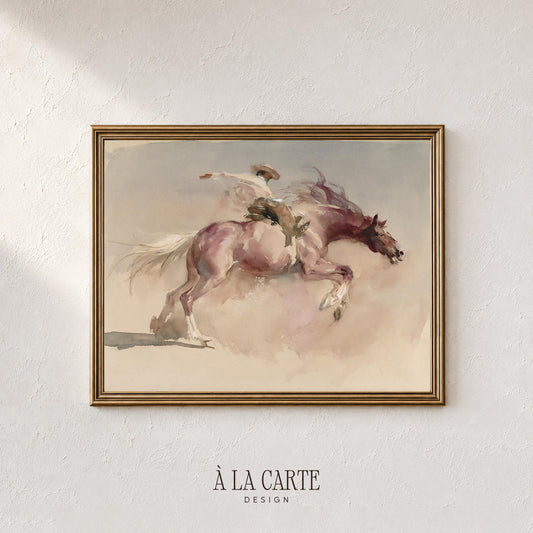 Rearing horse and cowboy artwork poster — rustic western wall art with faded, blended watercolor style