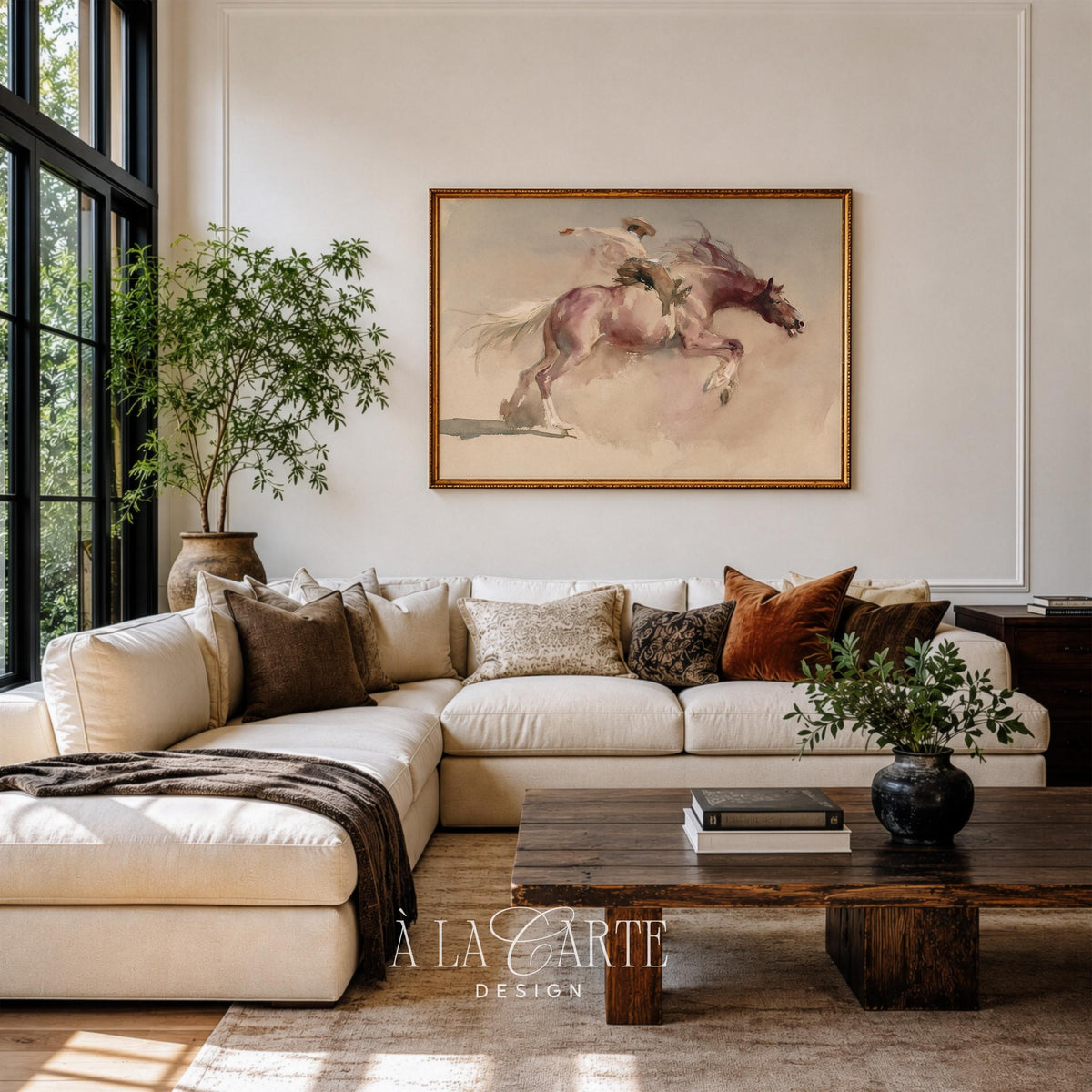 Bucking horse and cowboy watercolor print — rustic western wall art with dusty rose and warm neutral tones