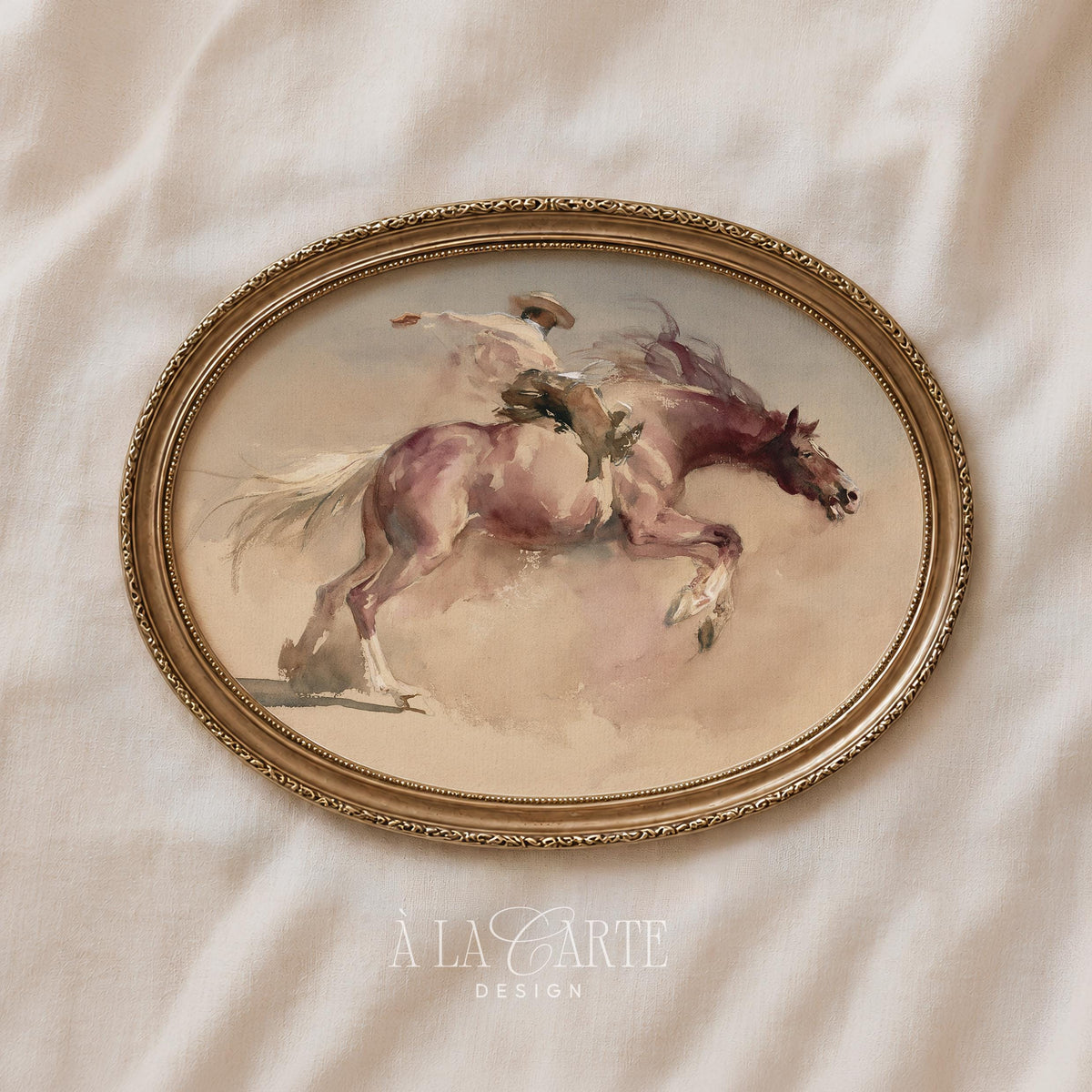 Western rodeo scene poster for living room — loose watercolor style with muted earth tones and vintage charm
