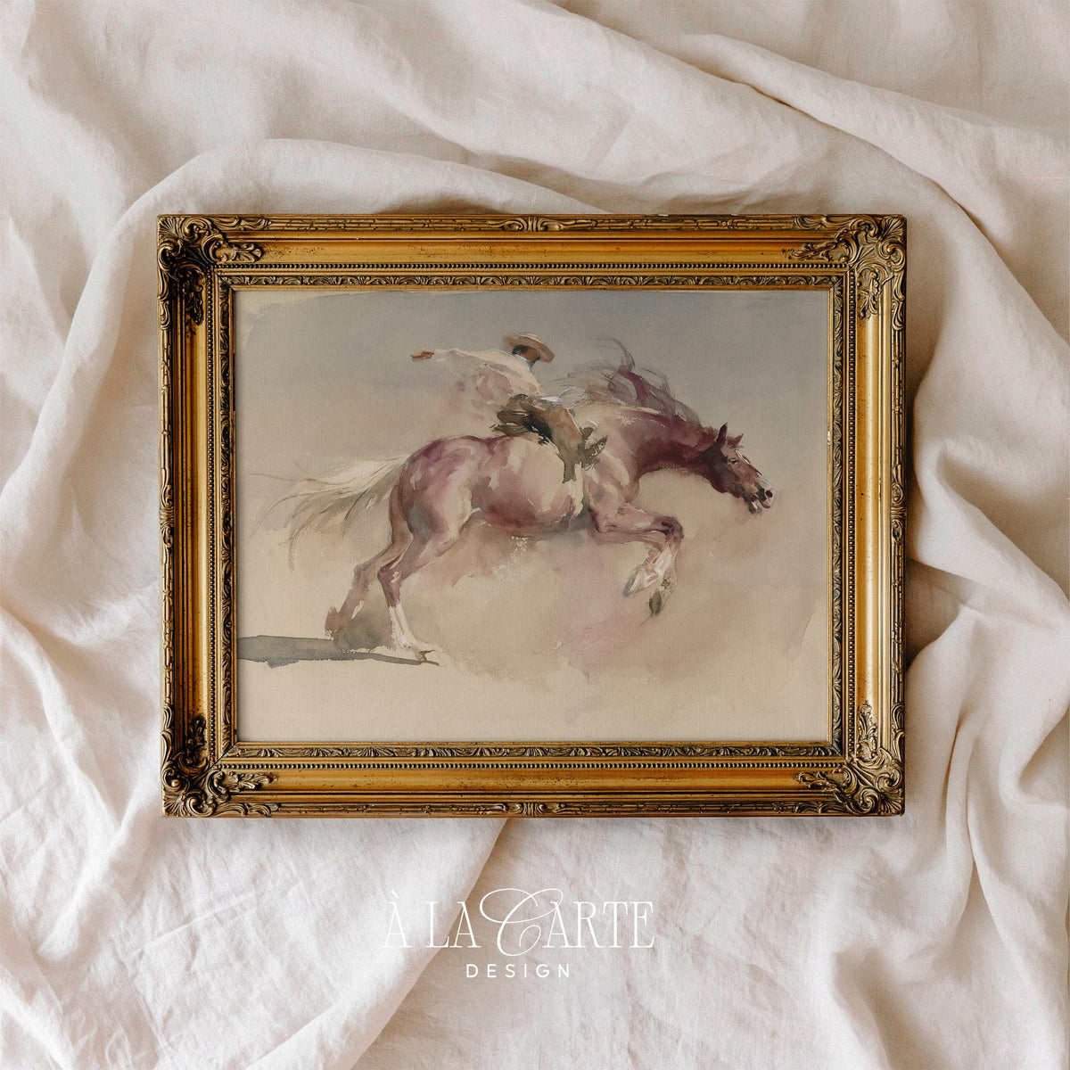 Western cowboy action painting wall decor — expressive watercolor with tan, rose, and soft blended strokes
